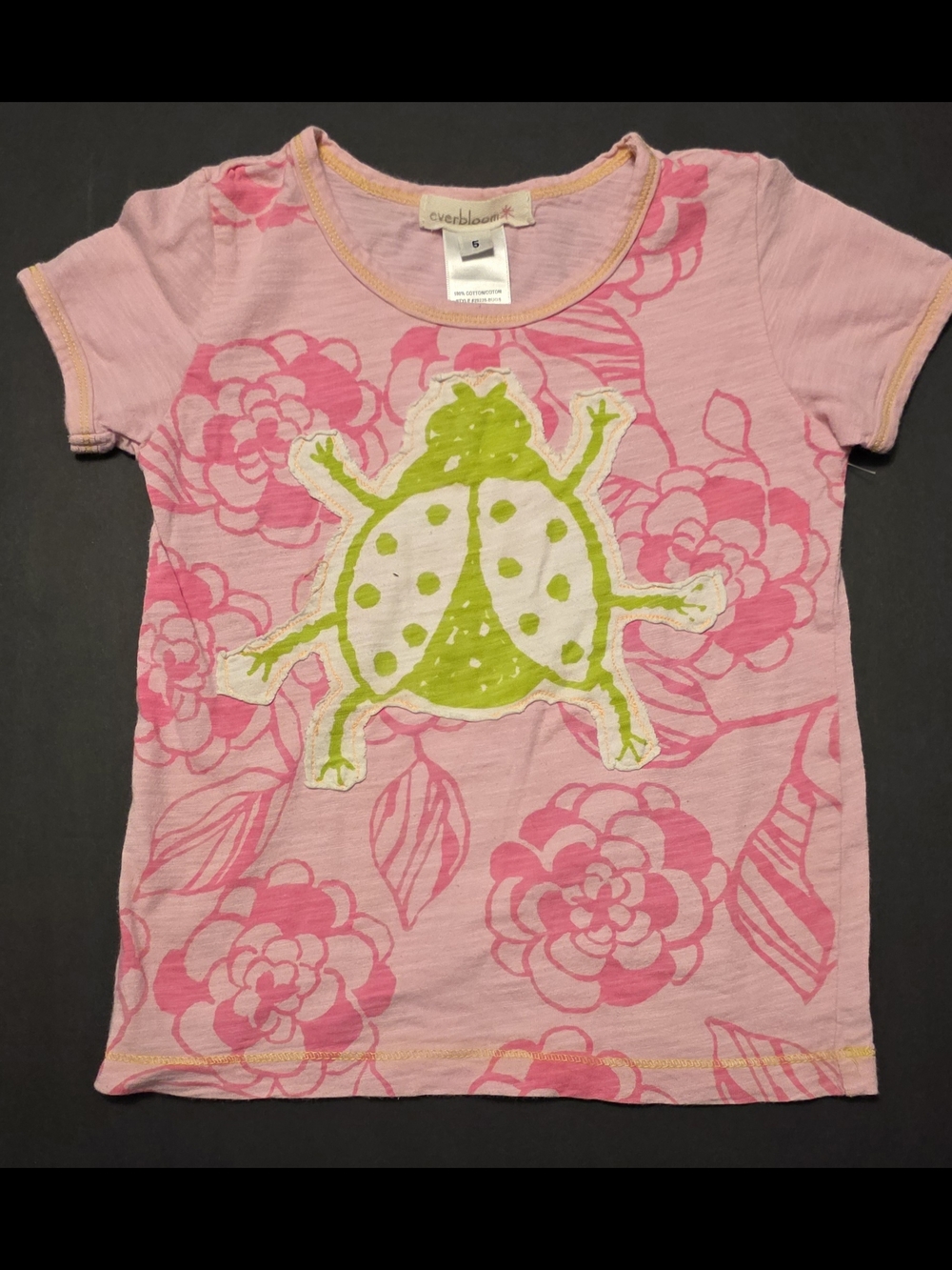 bloom Pink Floral Tee with Lime Green Ladybug Applique